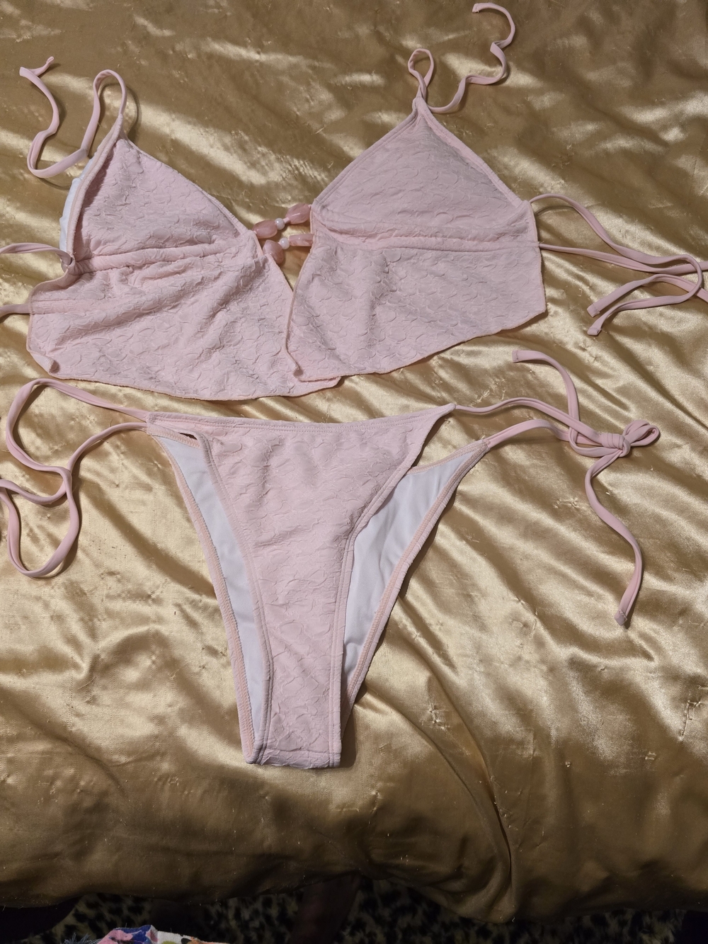 SHEIN Light Pink Lace Tie Bikini Set